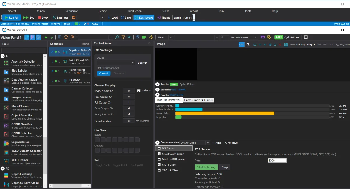 Sequence builder — tool list, live ROI on the image, calibration and PLC link